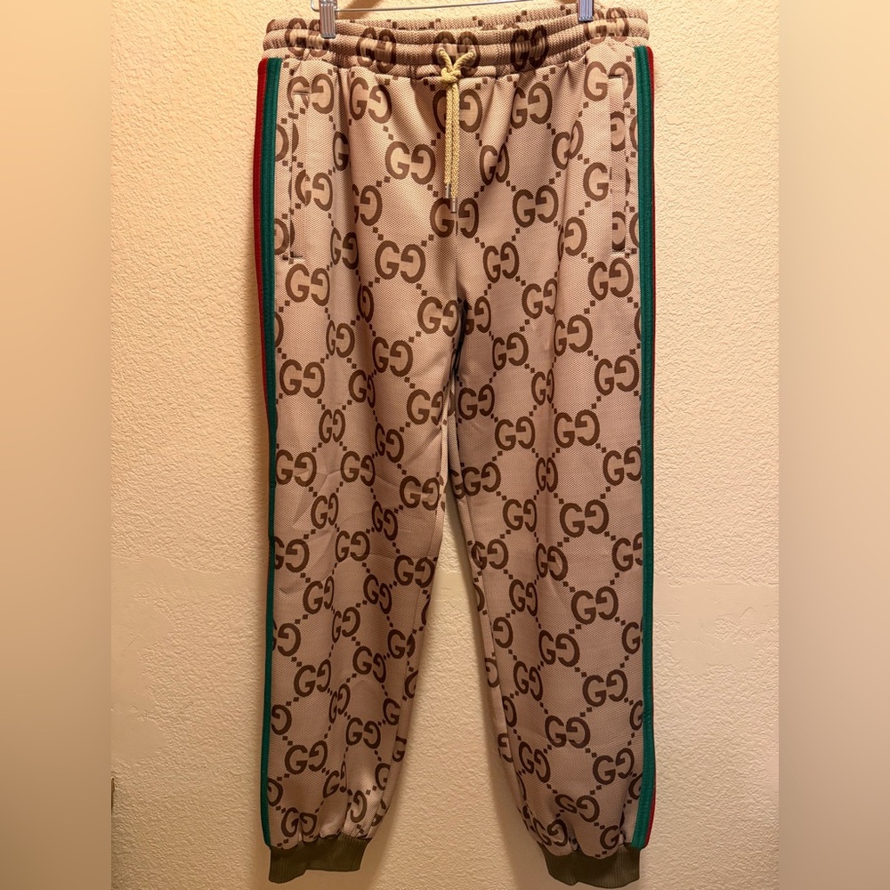 New Authentic Gucci GG Jumbo Logo Sweatpants Tan Brown XXL Waist 38 40 42 44 - Picture 2 of 16